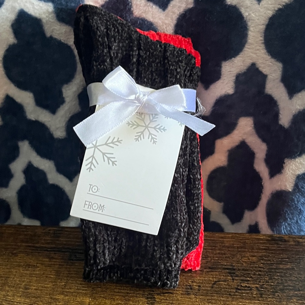 Red and Black Chenille Socks with Gift Tag